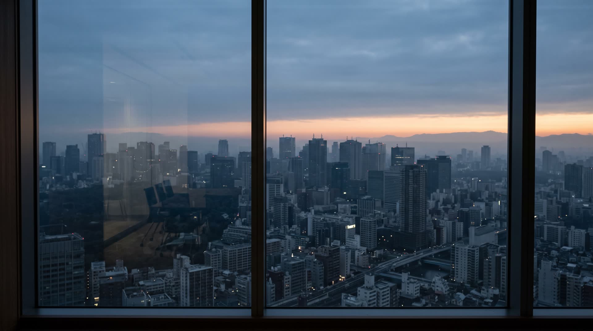高層階の窓から見た夜明けの東京